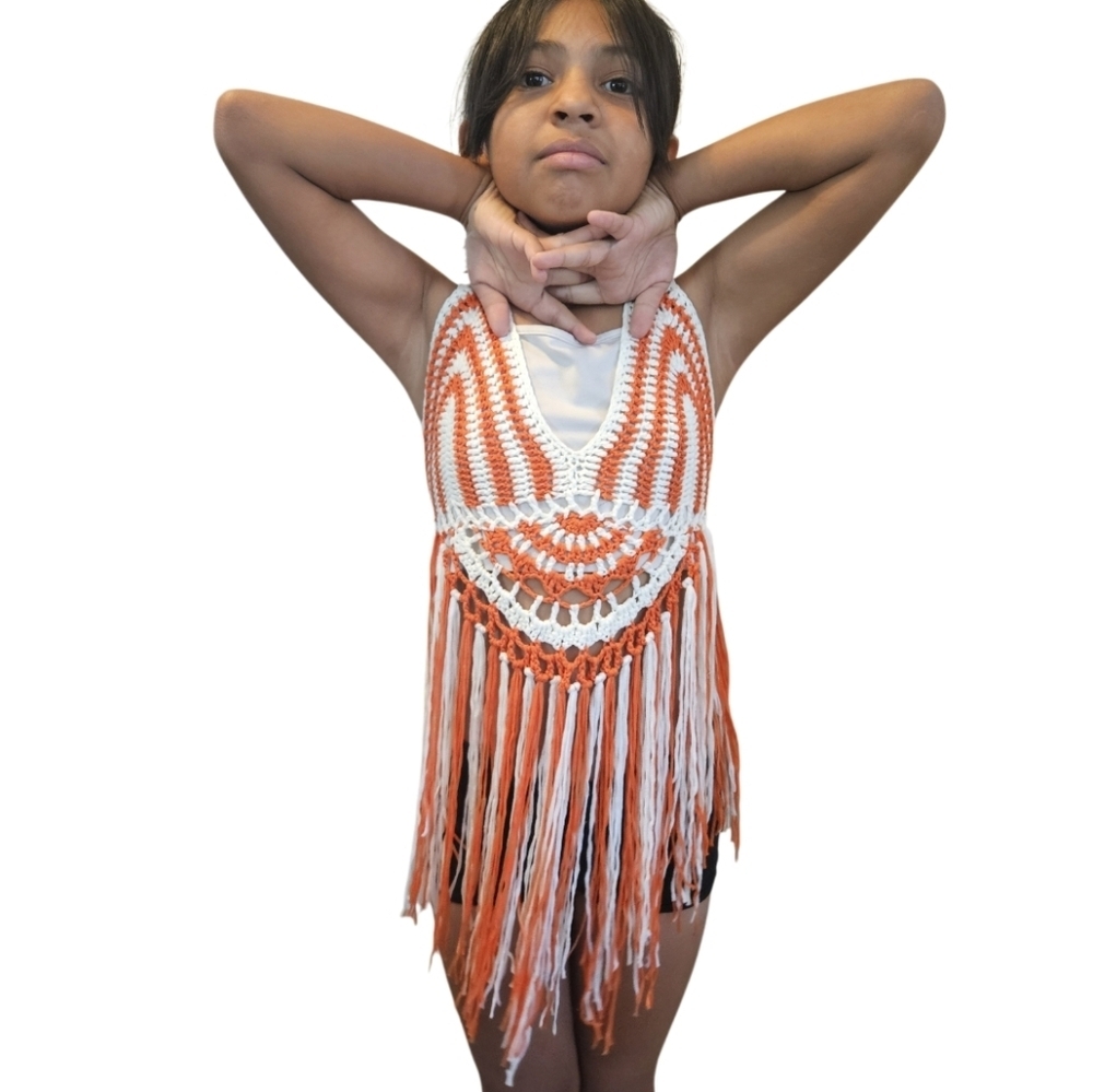 Hand Crafted Crochet Orange White Crop Top Fringe Summer - Picture 17 of 17